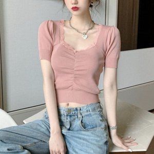 Lace square neck short sleeves